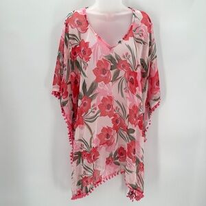 Shore Drive Caftan Swim Cover Pompom Pullover Pink Floral Semisheer Vneck New